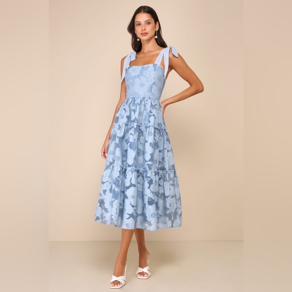 LULU’S Proof Of Perfection Blue Floral Tiered Tie-Strap Midi Dress - Picture 3 of 5